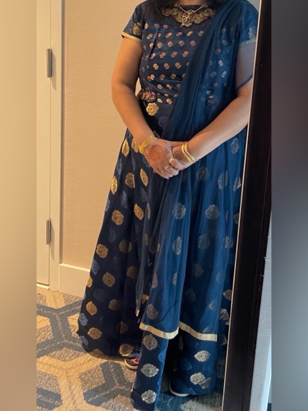 Navy Blue Maxi Dress with Gold Motifs